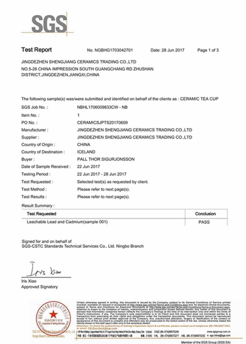 SGS test report NGBHG1703042701 for Jingdezhen Shengjiang Ceramics Trading Co., Ltd., June 2017