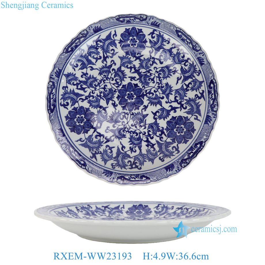 RXEM-WW23193 14 inch blue and white lotus scroll porcelain charger
