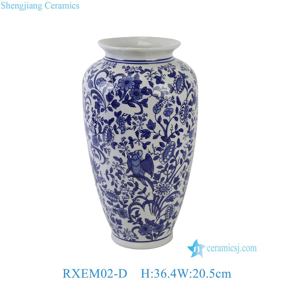RXEM02-D blue and white melon ginger jar with flower and bird pattern